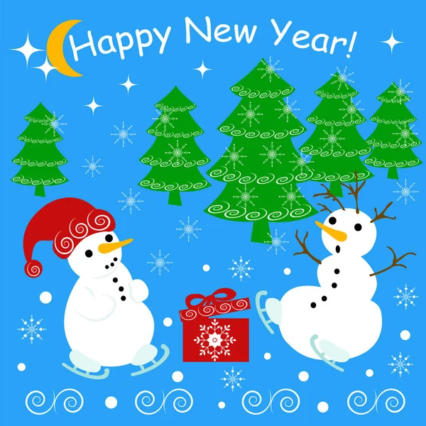 Cartão de Natal com um boneco de neve alegre, presente e floresta de inverno em um fundo azul . — Vetor de Stock