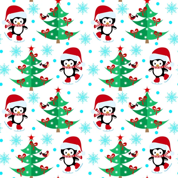 Padrão sem costura com pinguins de Natal, árvore de Natal decorada e flocos de neve . — Vetor de Stock