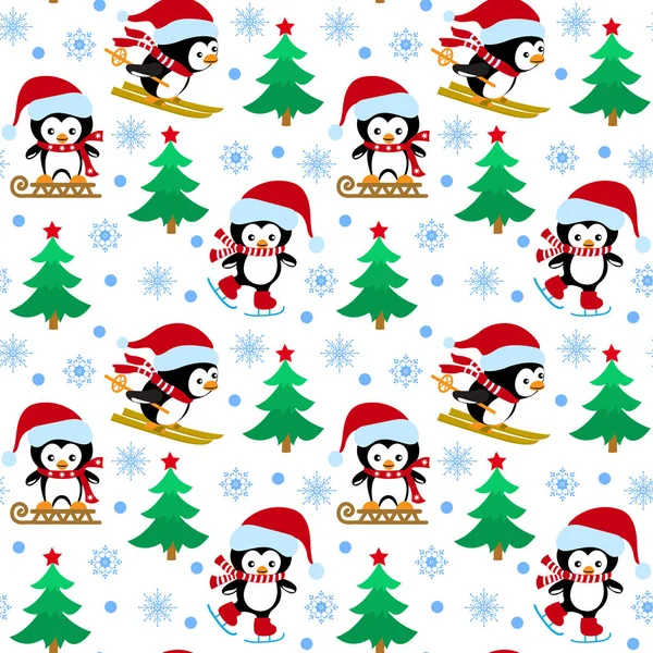 Padrão sem costura com pinguins de Natal, árvore de pele e flocos de neve — Vetor de Stock