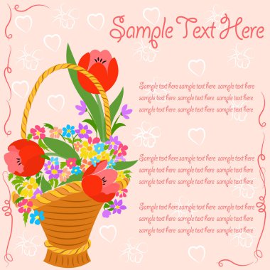 Bir sepet çiçek, kontur kalpleri ve metin için yer ile tebrik kartı.