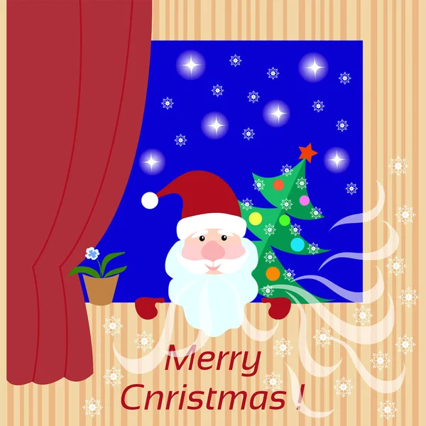 Carte de Noël avec le Père Noël, sapin de Noël dans la fenêtre d'hiver et inscription de félicitations . — Image vectorielle