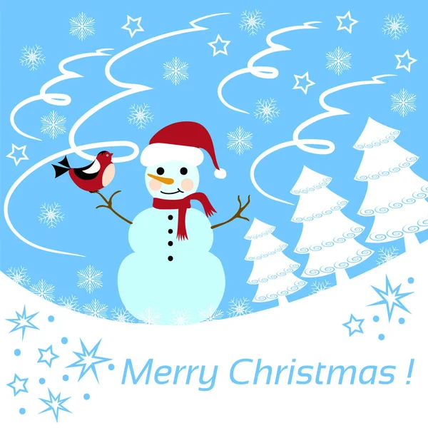 Cartão de Natal com um boneco de neve, saudação inscrição em um fundo de inverno . — Vetor de Stock