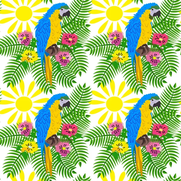 Naadloze patroon met een papegaai op een tak met bloemen en zonneschijn. — Stockvector