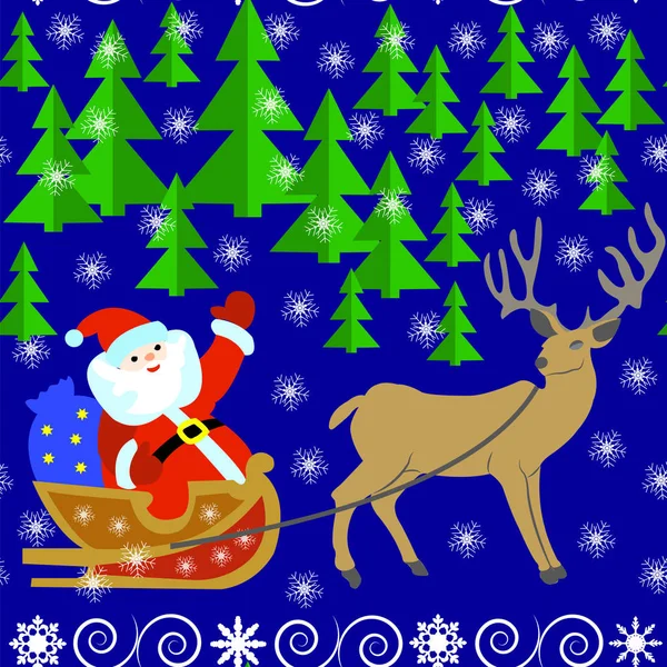 Seamless pattern with Santa Claus on a sleigh with reindeer in winter forest on a blue background. — Stock Vector