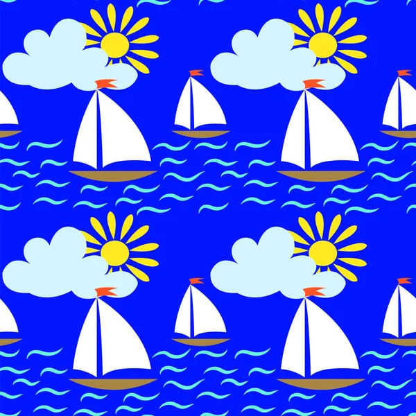 Bezproblémové vzor moře, lodě, mraky a slunce na modrém pozadí. — Stockový vektor