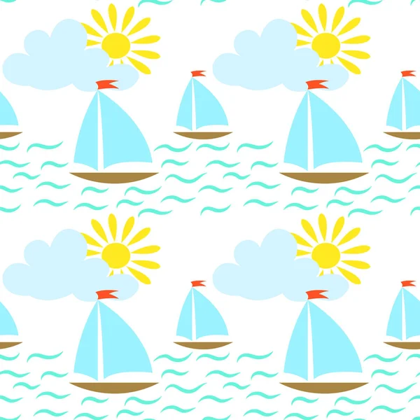Bezproblémové vzor moře, lodě, slunce a mraky. — Stockový vektor