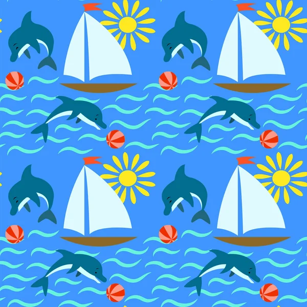 Vzor bezešvé s mořské plavby, delfín, slunce a vlny na modrém pozadí. — Stockový vektor
