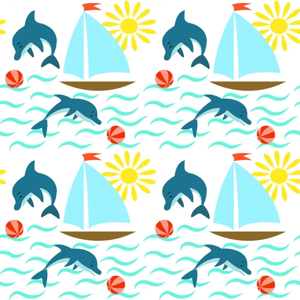 Vzor bezešvé s plachtění na moři, vlny, slunce a delfínů. — Stockový vektor