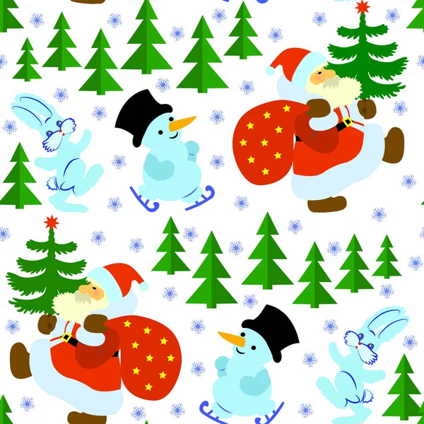 Modello senza soluzione di continuità con camminare Babbo Natale con regali, una lepre, un pupazzo di neve nei boschi invernali . — Vettoriale Stock