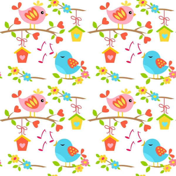 Seamless romantic pattern with love birds on a branch with flowers — Stock Vector