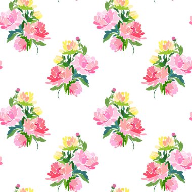 Beyaz bir arka plan üzerinde çiçekler peonies demetleri ile Seamless Modeli.