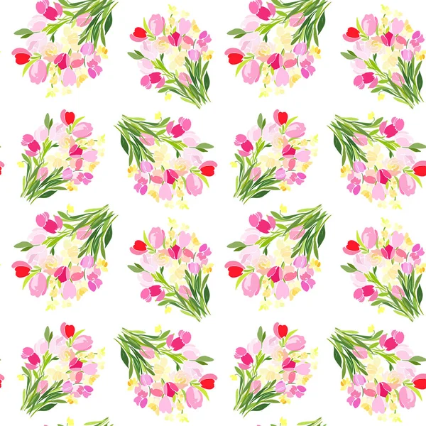 Nahtloses Muster mit Tulpensträußen auf weißem Hintergrund. — Stockvektor