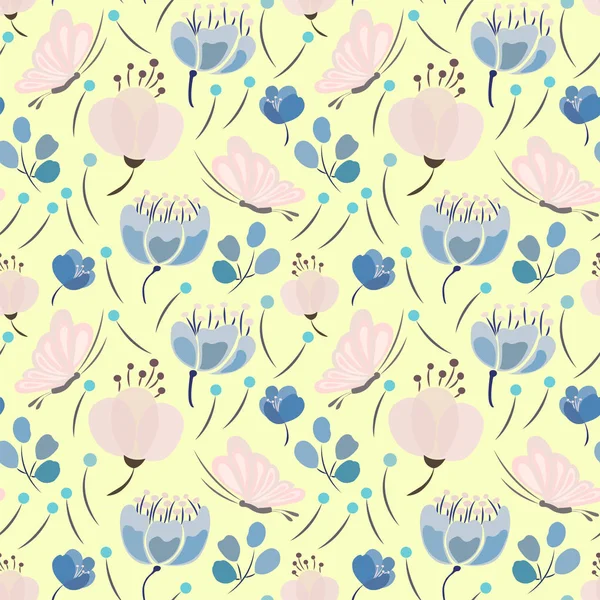 Motif avec des fleurs abstraites, feuilles et papillons — Image vectorielle