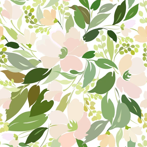 Patroon met roze bloemen en groene bladeren — Stockvector