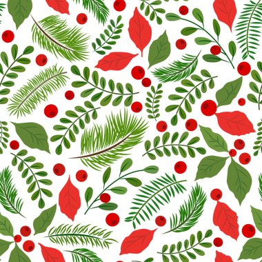 Noel desenle Ladin dalları, rowan puansetii yaprakları