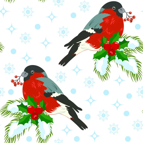 Christmas pattern with bullfinches, rowan berries — Stock Vector