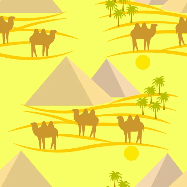 Pouštní, pyramidy, velbloudi — Stockový vektor