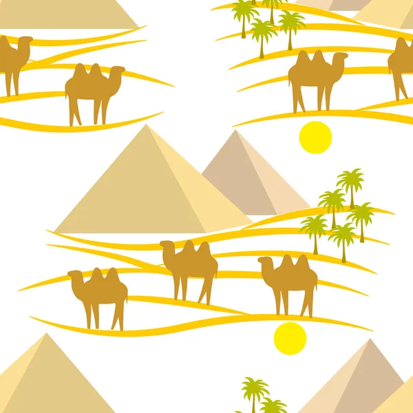 Desierto, pirámides, camellos — Vector de stock