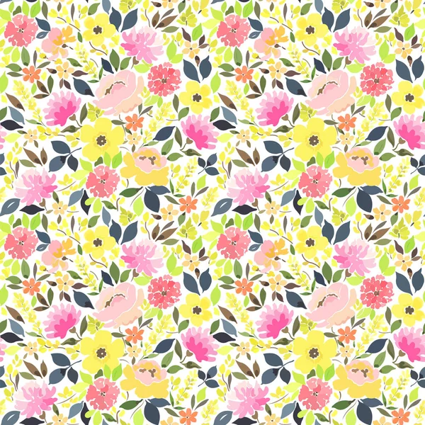 Seamless pattern with bright multicolor floral print and text happy,  pattern from abstract summer flowers on a white background. Stock Vector