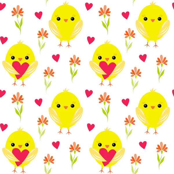 Poulets jaunes et coeurs — Image vectorielle