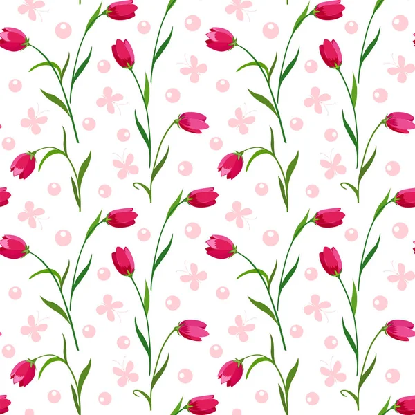 Tulipanes rojos y mariposas rosadas — Vector de stock