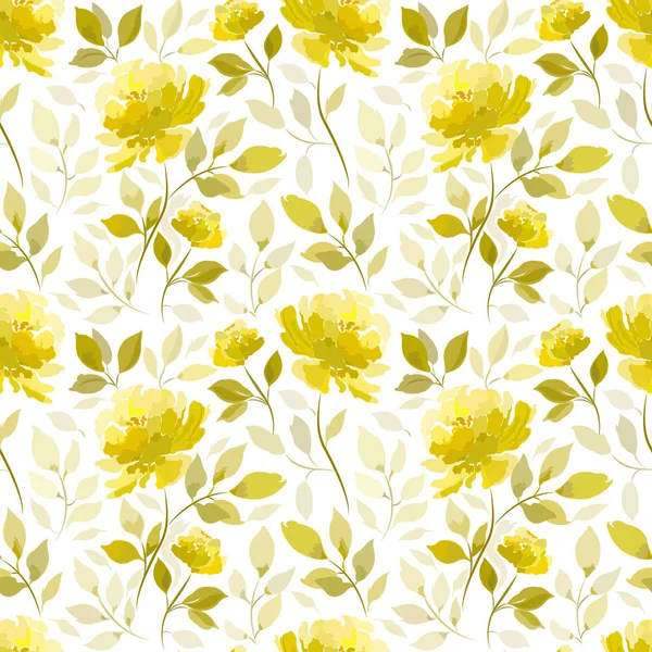 黄色いバラと葉のシームレス パターン — ストックベクタ