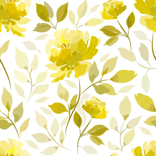 Seamless pattern with a yellow rose and leaves on a white background. — Stock Vector