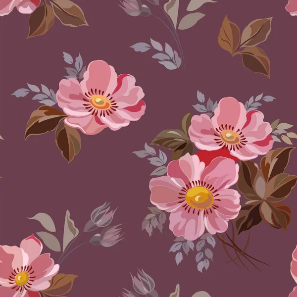 Patrón de flores en flores marrones rosadas sobre un fondo oscuro — Vector de stock