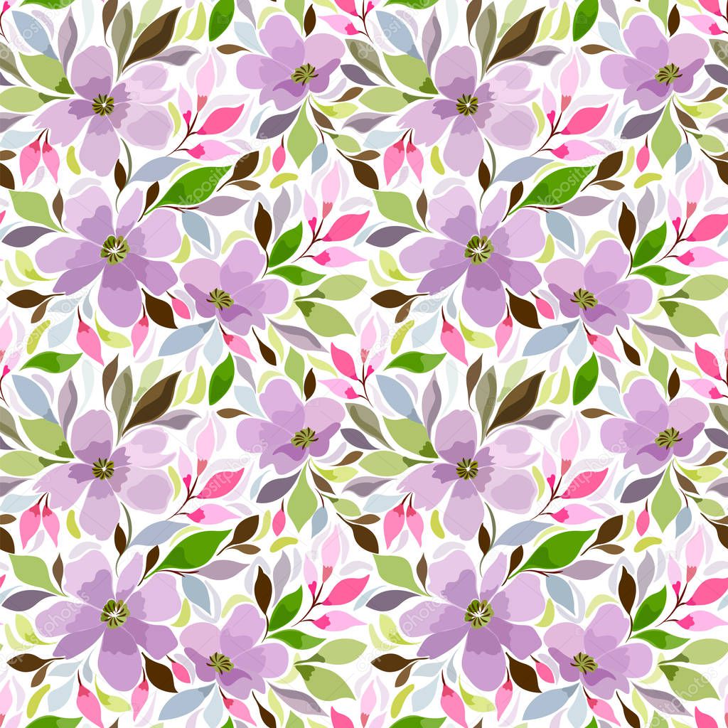 Seamless pattern with a floral print in lilac, pink shades
