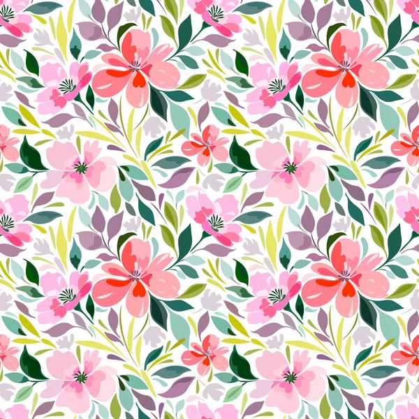 Naadloze patroon met bloemen print, lichte zomer patroon, bloemen, gebladerte.. — Stockvector