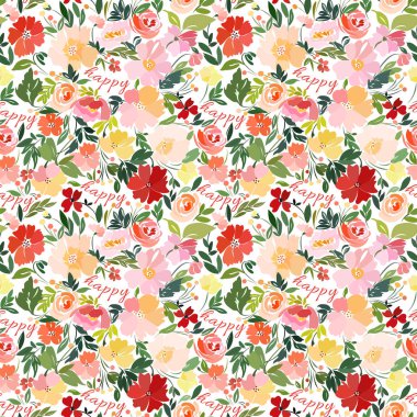Parlak çok renkli çiçek baskı ve metin mutlu ile Seamless Modeli.