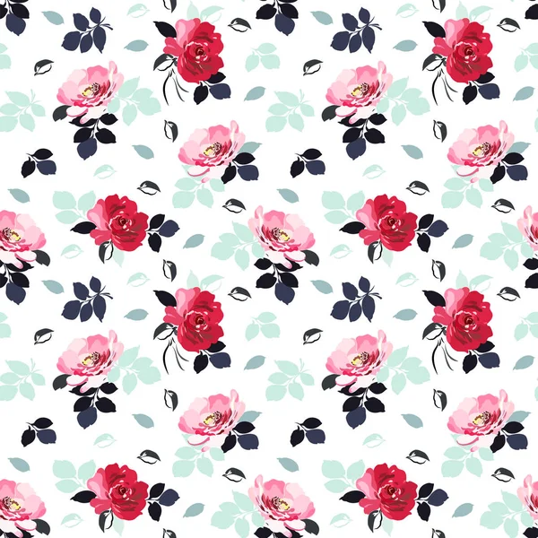 Patrón floral sin costuras con rosas rojas y rosas rosadas — Vector de stock