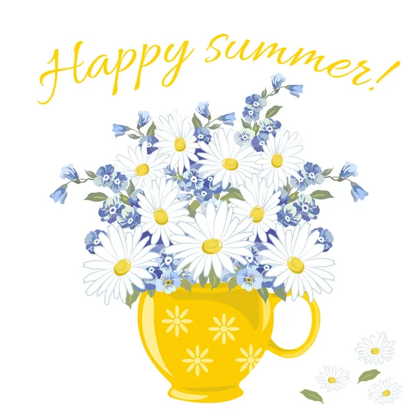 Cartão de saudação de verão, banner com um buquê de camomilas brancas — Vetor de Stock