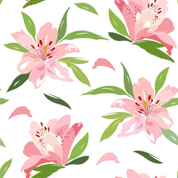 Patrón floral sin costuras con lirios rosados y follaje verde — Vector de stock