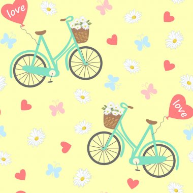 Bisiklet, top, sepet chamomiles çiçek, kalp, kelebekler ile Seamless Modeli.