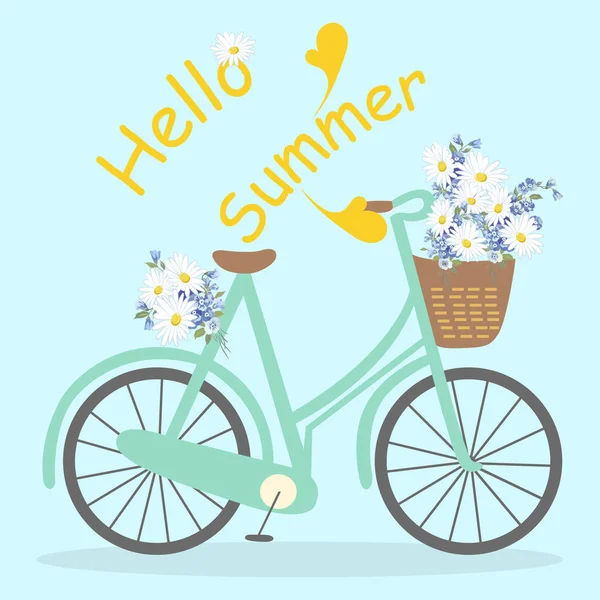 Bannière, carte avec le vélo, panier et un bouquet de marguerites blanches fleurs sauvages, un texte de bienvenue, fond bleu . — Image vectorielle