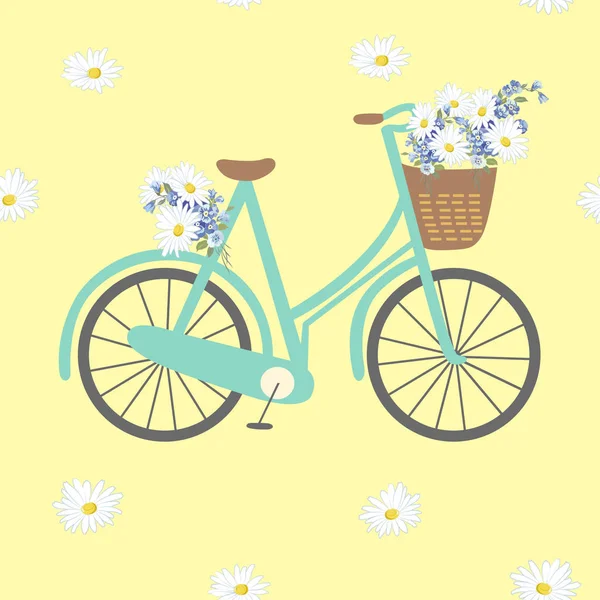 Modèle sans couture avec vélo et panier avec des fleurs de prairie, marguerites blanches sur un fond jaune . — Image vectorielle