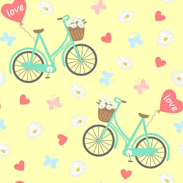 Naadloze patroon met fiets, bal, mandje met chamomiles bloemen, hartjes en vlinders. — Stockvector