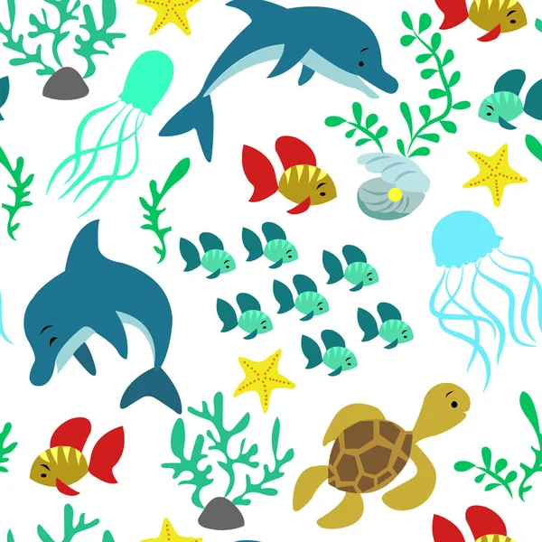 Seamless pattern with dolphins, fish, jellyfish, sea weed, turtles, seashells, stars. — Stock Vector