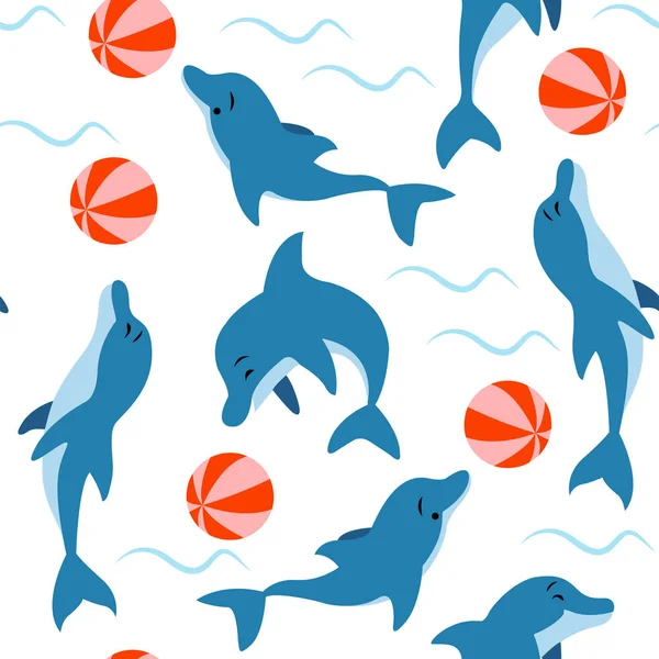 Vzor bezešvé s delfíny hrající ve vodě s míčem na bílém pozadí. — Stockový vektor