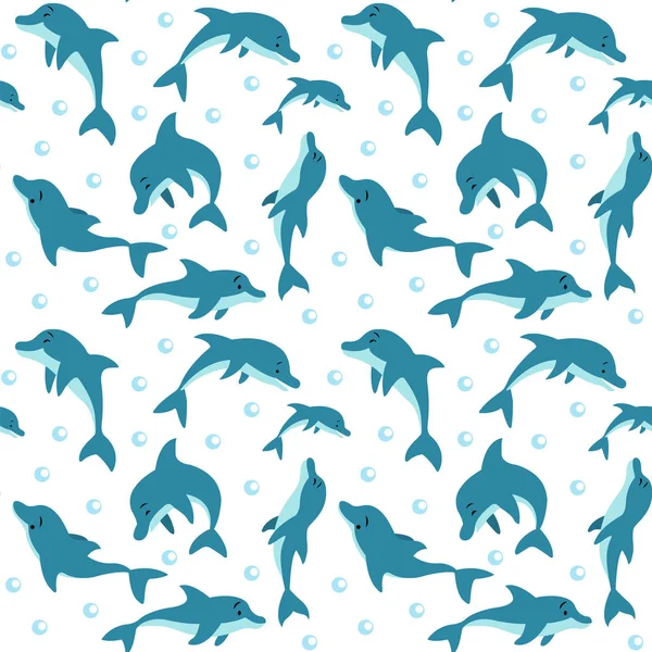 Vzor bezešvé s plovoucí a delfíny hrající ve vodě. — Stockový vektor