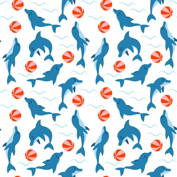 Vzor bezešvé s delfíny hrající s vodou. — Stockový vektor