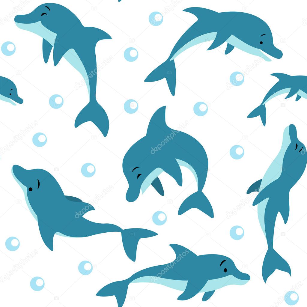 Seamless pattern with floating and dolphins playing in the water, air bubbles on a white background.