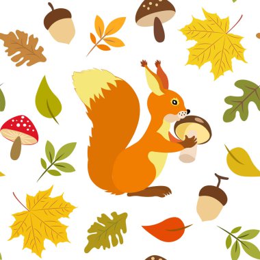 Sincap ile Seamless Modeli, sonbahar yaprakları, mantar ve meşe palamutları.