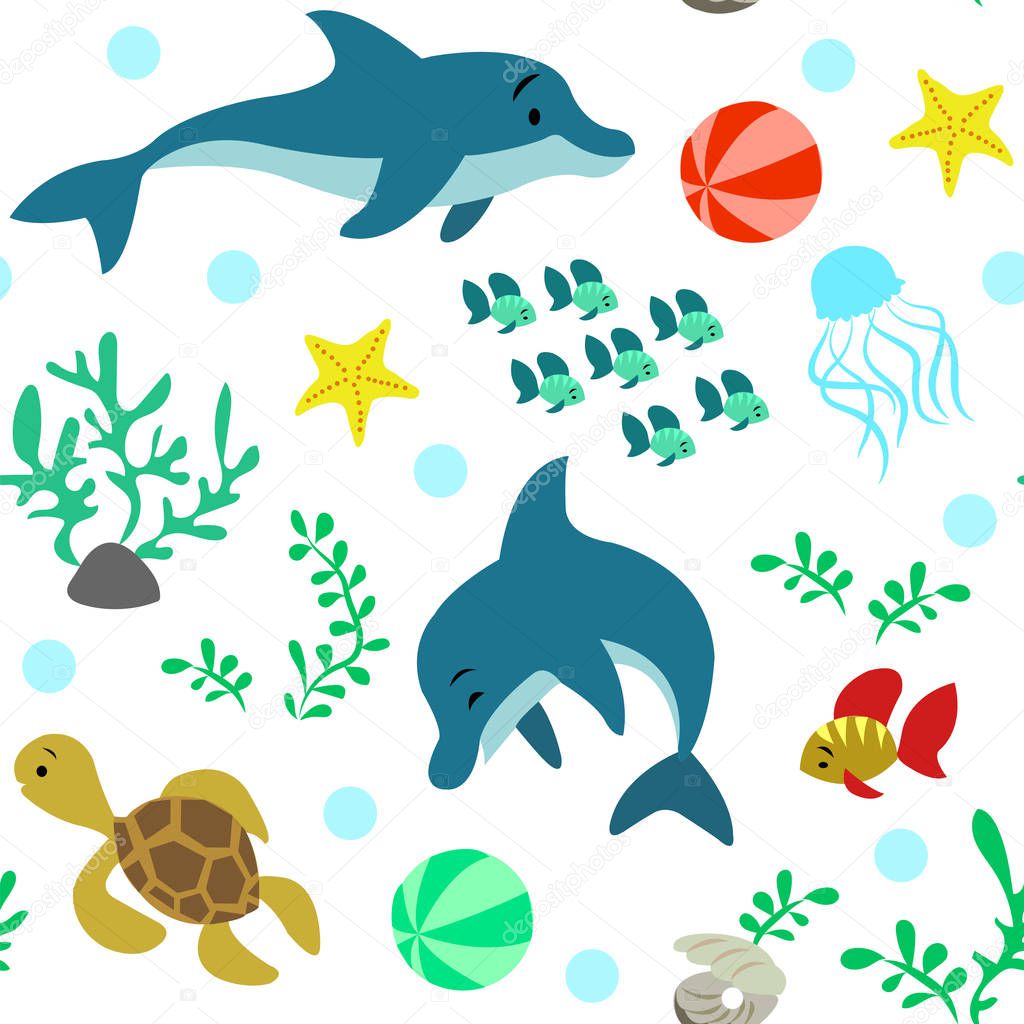 Seamless pattern with playing dolphins, marine inhabitants and fauna.