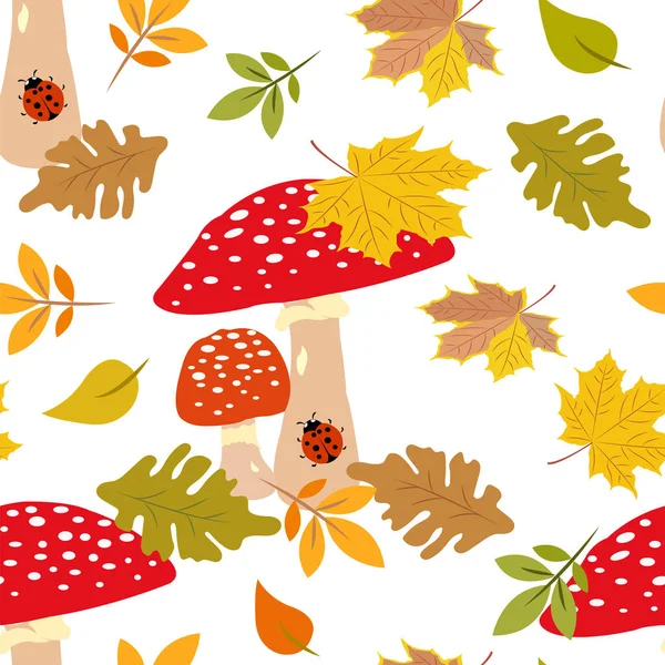 Vzor bezešvé s Muchomůrka houby s podzimní spadané listí v lese. — Stockový vektor