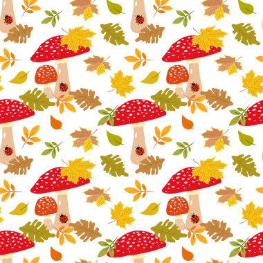 Sonbahar düşmüş yaprakları ile bir sinek agaric mantar ile Seamless Modeli.