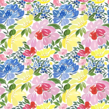 Mavi, pembe ve sarı renkler, yeşil yeşillik çiçek baskı ile Dikişsiz soyut desen.