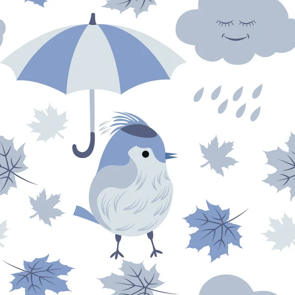 Modèle sans couture avec un oiseau sous un parapluie, feuilles d'automne et la pluie dans les tons de gris . — Image vectorielle