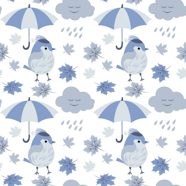 Motif sans couture avec un oiseau sous un parapluie, feuilles d'automne et pluie . — Image vectorielle